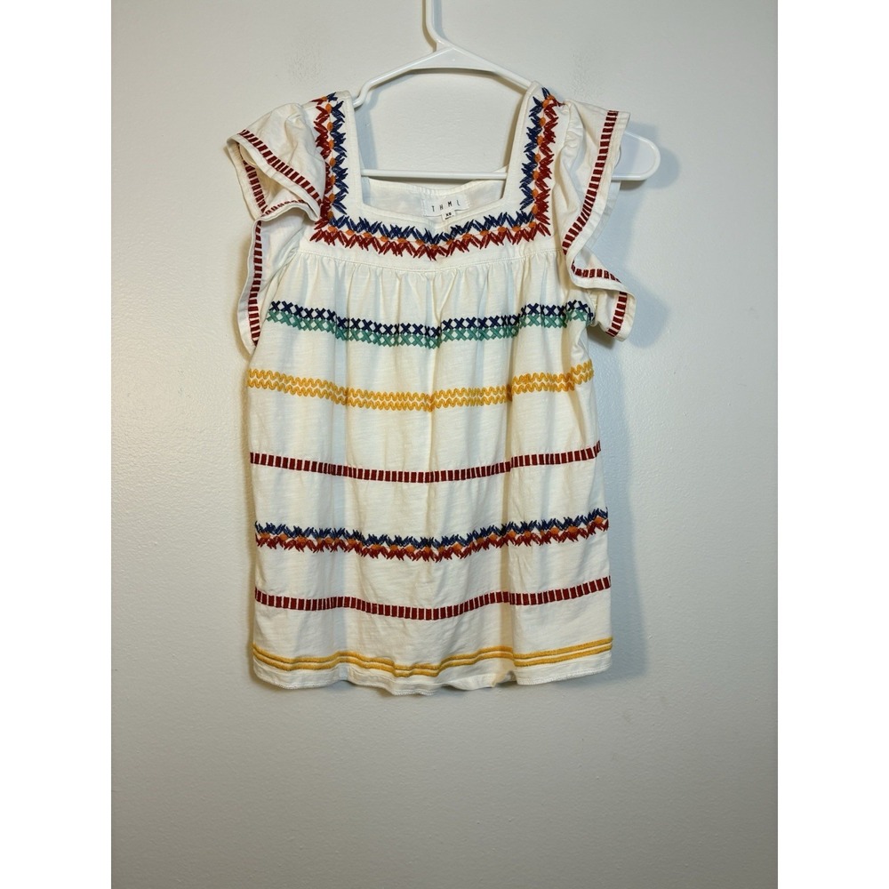 thml embroidered top Women's XS White Boho Beach Coastal Cotton